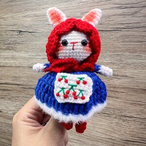 Handmade Amigurumi Crochet Bunny in Hood and Deep Blue Dress Plushie